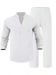 Men's Linen Casual 2 Piece Outfits Long Sleeve Lapel Shirt & Long Pants Set Loose Fit V Neck Tops Breathable Beach Vacation Daily Streetwear All Season Spring Summer Autumn New Arrival - 白色 - 查看 5