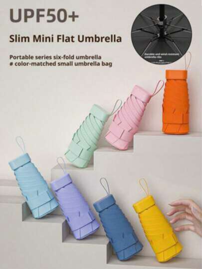 UPF SPF 50+ Windproof Compact Umbrella With Carrying Case, Mini Folding Umbrella, Waterproof Portable Travel Umbrella, 2-In-1 Super Lightweight 6-Fold Umbrella, Suitable For Sunny And Rainy Days, 99% UV Protection, Can Be Placed In Wallet Or Handbag, Unisex, Durable, Sunscreen And Rainproof, Travel Essential, Spring/Summer Essential, Indoor Decor, Cute Mini Size, Graduation Gift