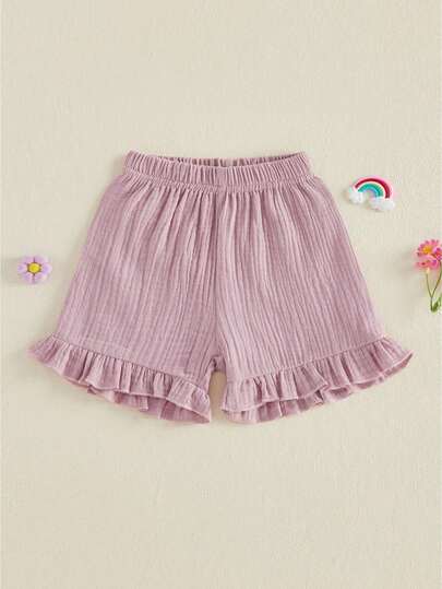 Toddler Baby Girl Shorts Solid Cotton Linen Summer Clothes Ruffled Elastic Waist Loose Harem Bottoms 6M-4T