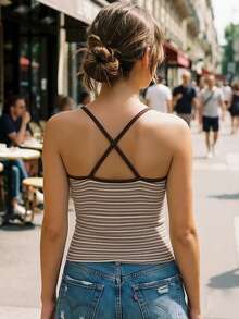 Womens Summer Tank Tops Casual Slim Fit Stylish Striped V Neck Spaghetti Strap Camisoles - Marrón - Ver 5