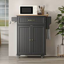 Rolling Mobile Kitchen Island Cart With Drawer Cabinet Spice Towel Rack With Wheels & Adjustable Shelves - Black - View 2