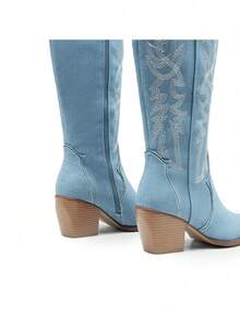 Knee High Boots Women, Pull On Zipper Chunky Heel Pointed Toe Party Embroidered Western Cowgirl Cowboy Boots - 藍色 - 查看 5