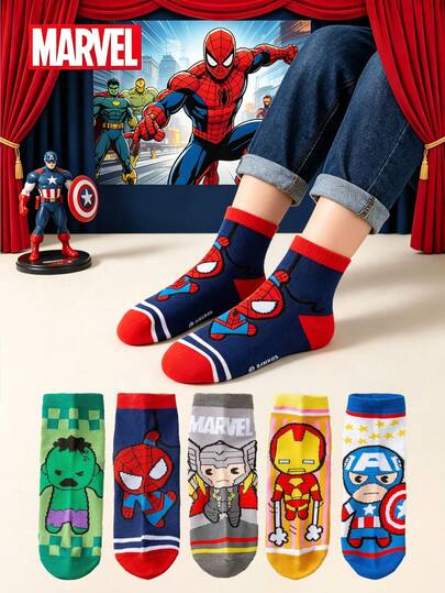 Marvel Bộ 1/5/10 đôi tất trẻ em, tất in hình Thor, tất xếp ly, tất cổ ngắn kẻ sọc đen trắng, tất ngắn cho bé gái và bé trai, tất cổ chân mềm mại, thoáng khí, chống trơn trượt, tất họa tiết hoạt hình, thích hợp cho lễ hội, ngày Valentine và các dịp khác.
