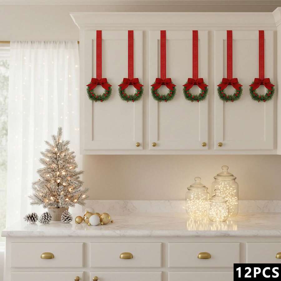 Christmas Kitchen Cabinet Wreath Hanging Mini Wreath With Ribbon Bows And Berries For Wall Front Door Party Decorations - D - View 1