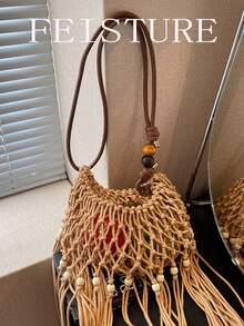 流苏串珠肩带钩编水桶包 春夏沙滩泳装节度假 - 卡其色 - 查看 9