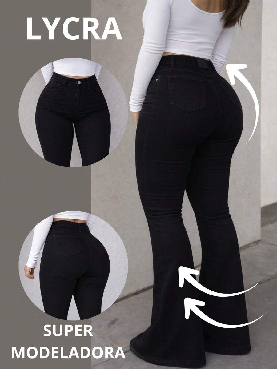 Women's Flare Jeans With Shaping Lycra, Black, Premium Fabric, No Transparency, Won't Fade - 黑色 - 查看 1