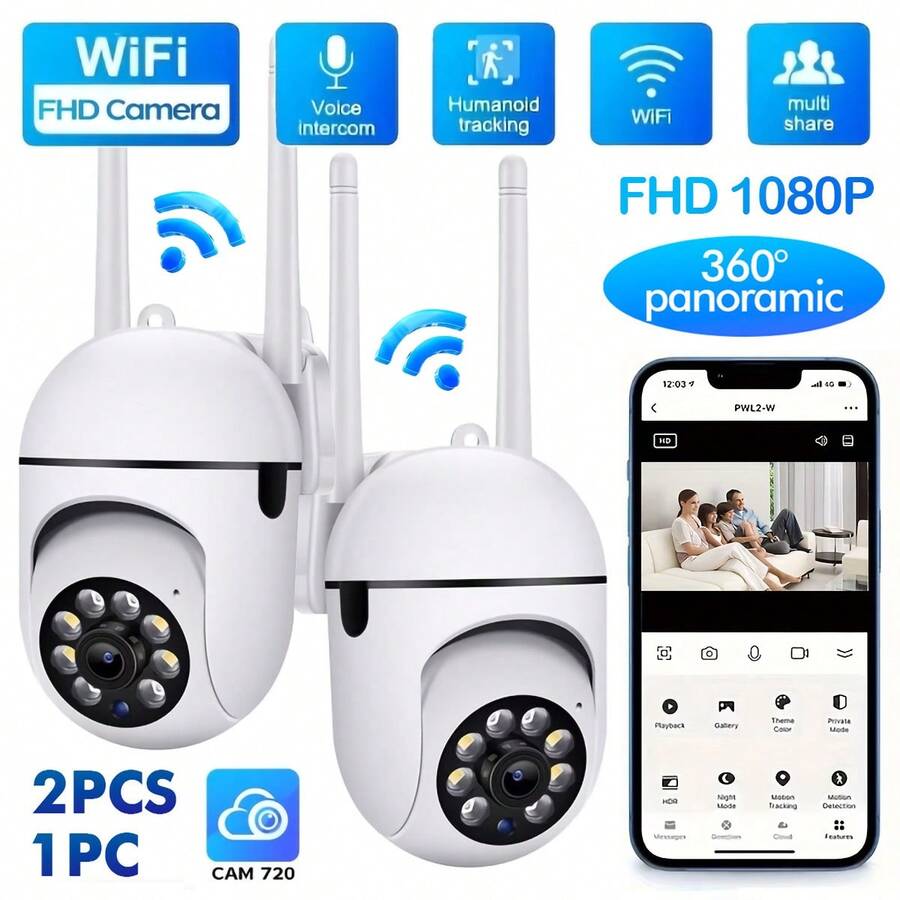 2 piezas Cámara de inteligente Full HD 1080P, Cámara IP inalámbrica para interiores, compatible solo con WiFi de 2.4GHz, cobertura de rotación horizontal de 355° + vertical de 90°, visión nocturna, seguimiento de movimiento, audio bidireccional, detección de personas, adecuada para sala de estar, monitoreo remoto de familia y mascotas