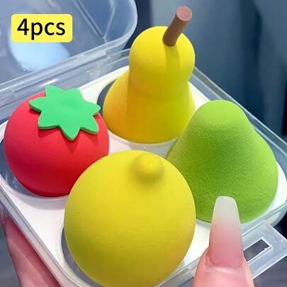4 miếng mút trang điểm hình trái cây - Sử dụng được cả khô và ướt, phù hợp với mọi loại da, giúp tán đều kem nền, không mùi, chất liệu PU thấm hút, dụng cụ trang điểm mặt, món quà tuyệt vời cho Giáng sinh, Năm mới, Ngày Valentine.