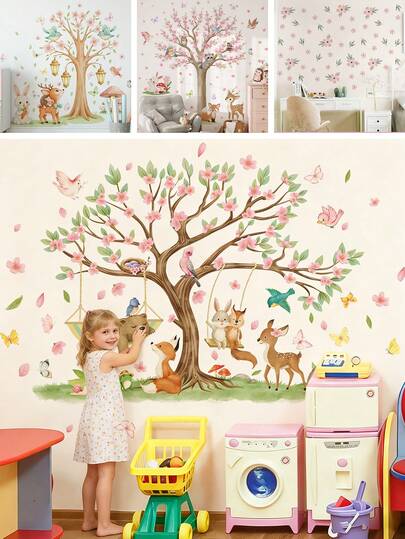 BRUP 2/3 Sheets/Set Large Size Cartoon Cute Animals Wall Sticker, Blooming Tree With Bird Nest, Bunny, Fox & Fawn, Butterflies And Pink Petals, Animals Decal For Playroom Kid's Bedroom Nursery Decor, Removable Peel And Stick, Cottagecore Forest Adventure Theme Art