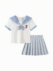 Balabala Bộ đồ hai mảnh mùa hè cho bé gái 2026, áo thun và chân váy bằng cotton mềm mại, nhẹ và thoáng khí, kiểu dáng ngọt ngào, thanh lịch. - xanh và trắng - Xem 1