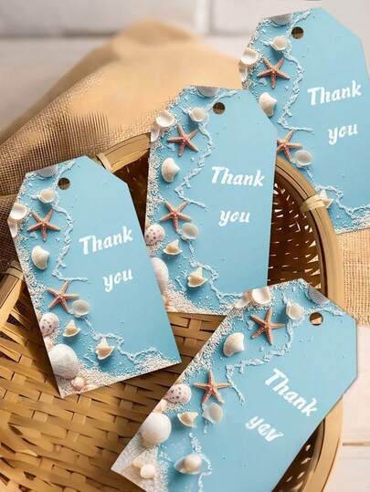 48个蓝色海洋主题装饰标签，创意贝壳造型包装标签，时尚服装装饰道具；适用于各种主题派对、节日和活动装饰