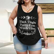 Spooky Witch Vibes "Thick Thighs Pretty Eyes" Graphic Women'S Tank Top For Halloween, Black Sleeveless Shirt With Occult Art Design, Lightweight And Comfortable Fit, Machine Washable Great For Halloween Parties, Fall Festivals, Witchy Aesthetic Fans, Daily Wear In Autumn, And Statement Gifts For Curvy Women Embracing Gothic StyleDressy For Sport Lovers Tank,(Multiple Sizes Available)  Women'S Graphic Tank Top - Sleeveless Shirt  Casual Summer & Spring Top Casual Summer Wear | Playful Design | Breathable Fabric, Cute Tank Top,Funny Tank Top - 黑色 - 查看 2