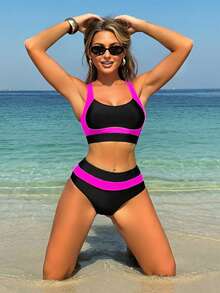 HaiiMeid Women's Contrast Color Sports Casual Bikini Set, Suitable For Beach Vacation Summer - Multicolor - View 3