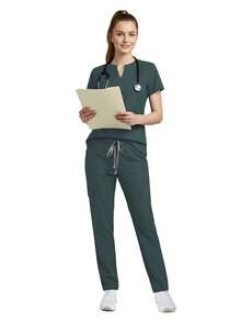 2pcs/Set Women Nurse Uniform Set, Top + Pants With Pockets, Nursing Surgical Room Work Clothes, Beauty Salon Work Wear - Green - View 8