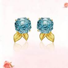 Bông tai hoa lá kiểu cổ điển sang trọng, đính đá Zirconia lấp lánh, mạ vàng hồng 18K, dành cho nữ. - Màu xanh lam - Xem 3