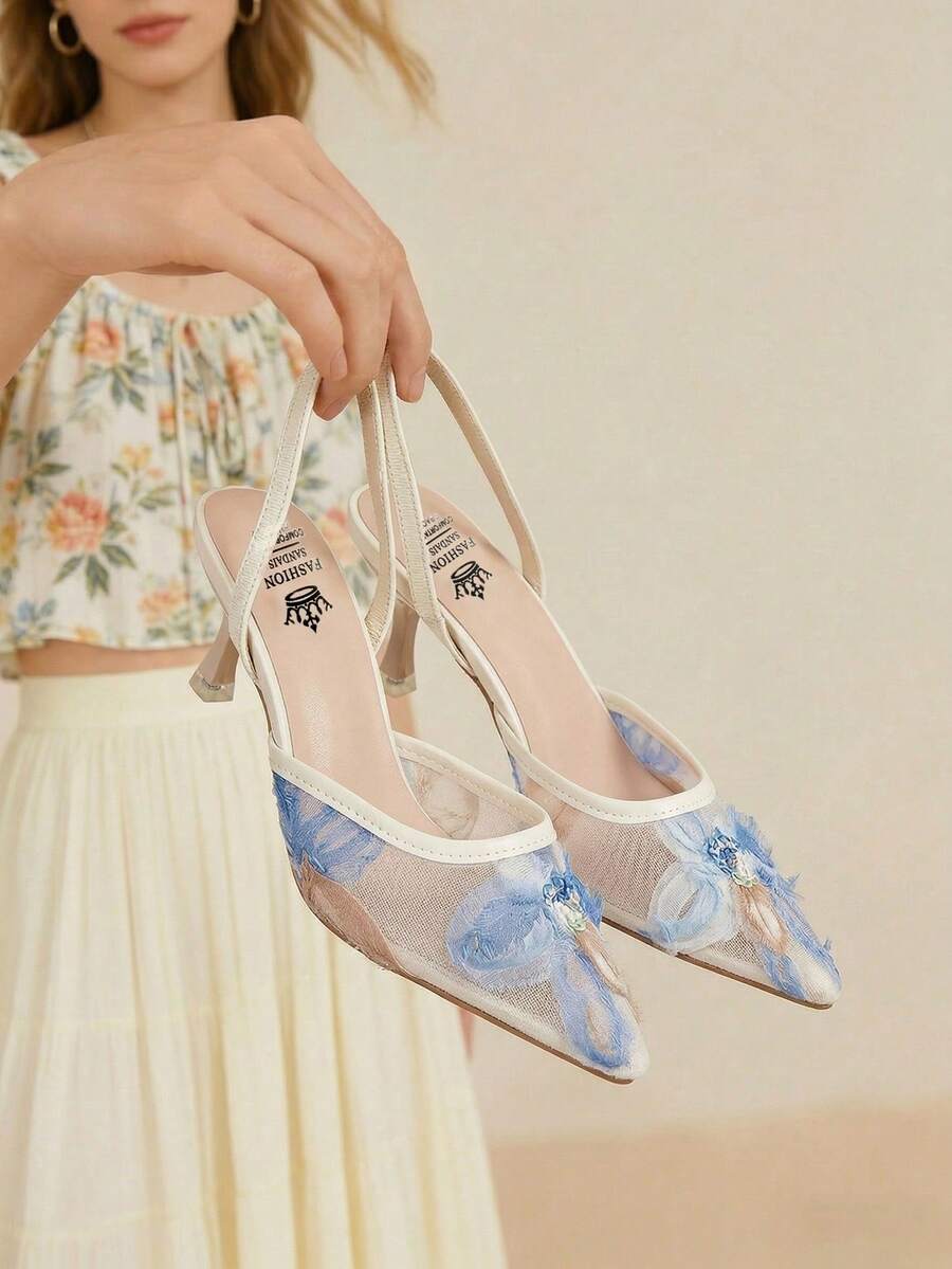 Women's Fashionable Summer Elegant Breathable Mesh High Heel Slingback Sandals With Ankle Strap, Suitable For Daily Commute, Dates, Weddings - Blue - View 1