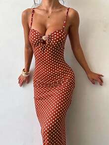 Vestido de satén con estampado de lunares de línea A elegante y romántico, adecuado para el Día de San Valentín, vacaciones en la playa, fiestas y otras ocasiones, boda - Rojo - Ver 7