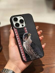 1件中東風手機殼，適用於 iPhone 17 16 15 14 13 12 11 Pro Max，酒紅色背景抽象阿拉伯書法圖案，黑白素描獵鷹鳥，磨砂黑粒紋皮革，黑色邊框防震手機殼 - 黑色 - 查看 3
