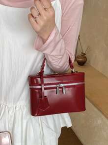 1pc BEIKAMU Fashion Solid Color PU Square Bag, Zipper Closure Versatile Women's Box Bag Handbag, Adjustable Shoulder Strap Crossbody Bag, Suitable For University, Commuting, Shopping, Strolling, Daily Use - Burgundy - View 2