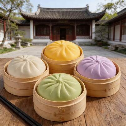 色彩缤纷的饺子形减压球，揉捏这些面团球可以缓解压力，带蒸笼的弹力桌面玩具，以及柔软可爱的包子形玩具，可以挤压和玩耍，由柔软的TPR材料制成。