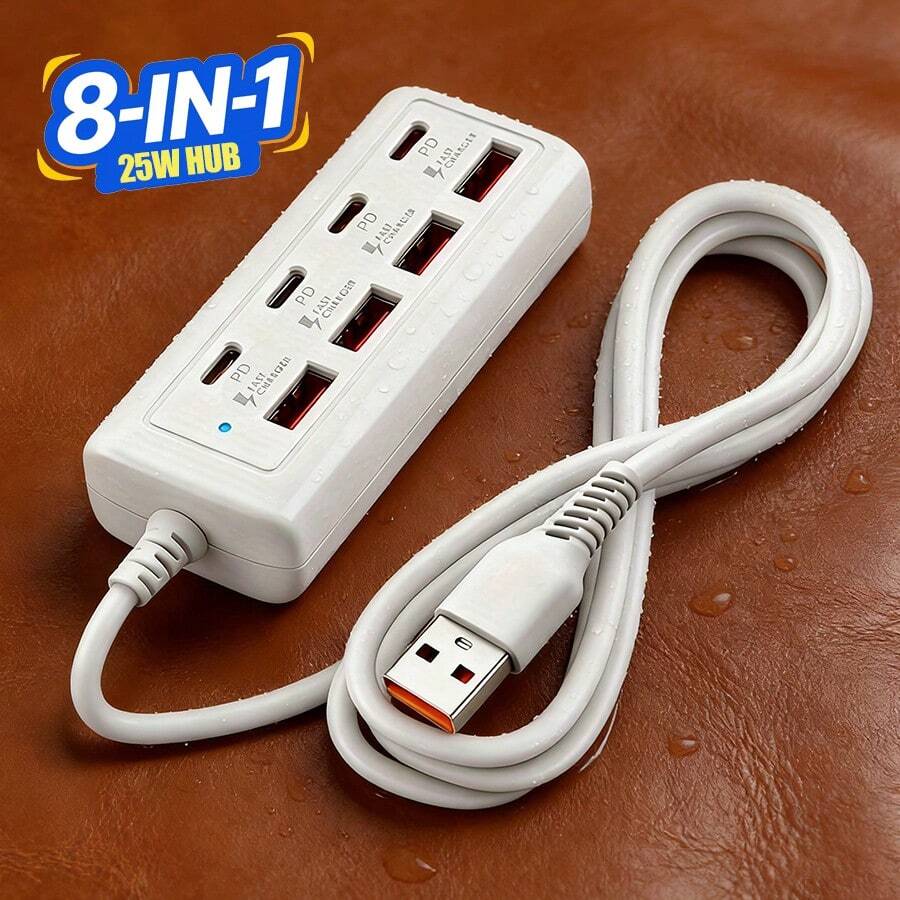 8-Port USB Hub With 4 USB Ports And 4 PD Ports | 25W Fast Charging, Compatible With 5V USB Devices | Compact Charging Station For Computers, Laptops, Tablets, 8-In-1 Multi-Function Interface, 4 USB Ports And 4 Type-C Ports, PD Fast Charger, Multi-Port Outlet - White - View 1