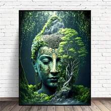 Bộ tranh đính đá tự làm hình Phật, đá tròn đều, phong cách thiền rừng mộng mơ, nghệ thuật tự nhiên, không bao gồm khung. - Không có khung - Xem 2