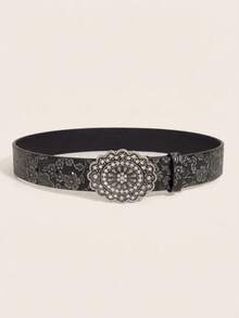 1pc Vintage Floral Pattern Rhinestone Buckle Western Style Embossed Black PU Leather Belt For Women, Suitable For Daily Wear - Black - View 6