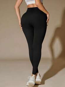 1pc Women's Seamless Yoga Pants, Solid Color Blend With Elasticity, Lifting Buttocks And Flattening Abdomen, Four-Way Stretch, Suitable For Running, Fitness, Yoga Or Everyday Wear Sports - Black - View 5