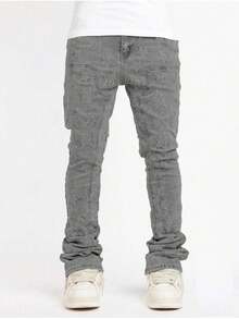 Jeans de corte regular con estampado de estrellas para hombres, pantalones vaqueros slim fit con parche bordado, jeans estilo rockstar Y2K - Azul lavado medio - Ver 1