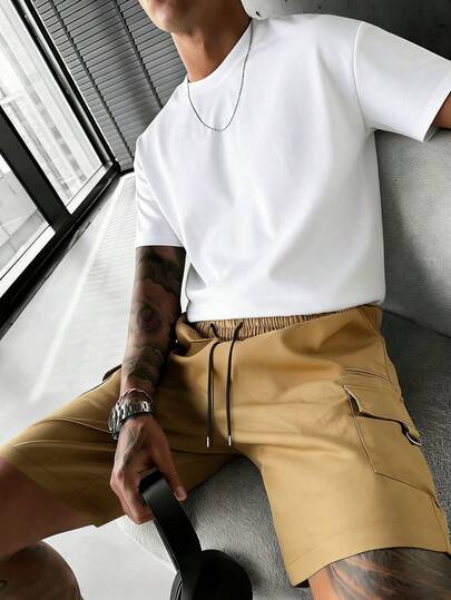 1 Conjunto Camiseta de Manga Curta e Shorts Cargo Casual Masculina, Versátil para Ir ao Trabalho, Atividades ao Ar Livre, Moda de Rua, Primavera