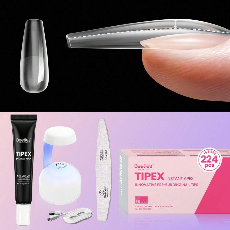 Beetles Tipex Lite Pre-Built Apex Nail Tips Kit, Stiletto Medium, With Tipex Nail Glue,  All-In-One Gel Nail Kit - Coffin Long 224pcs (Tipex Nail Kit) - View 1