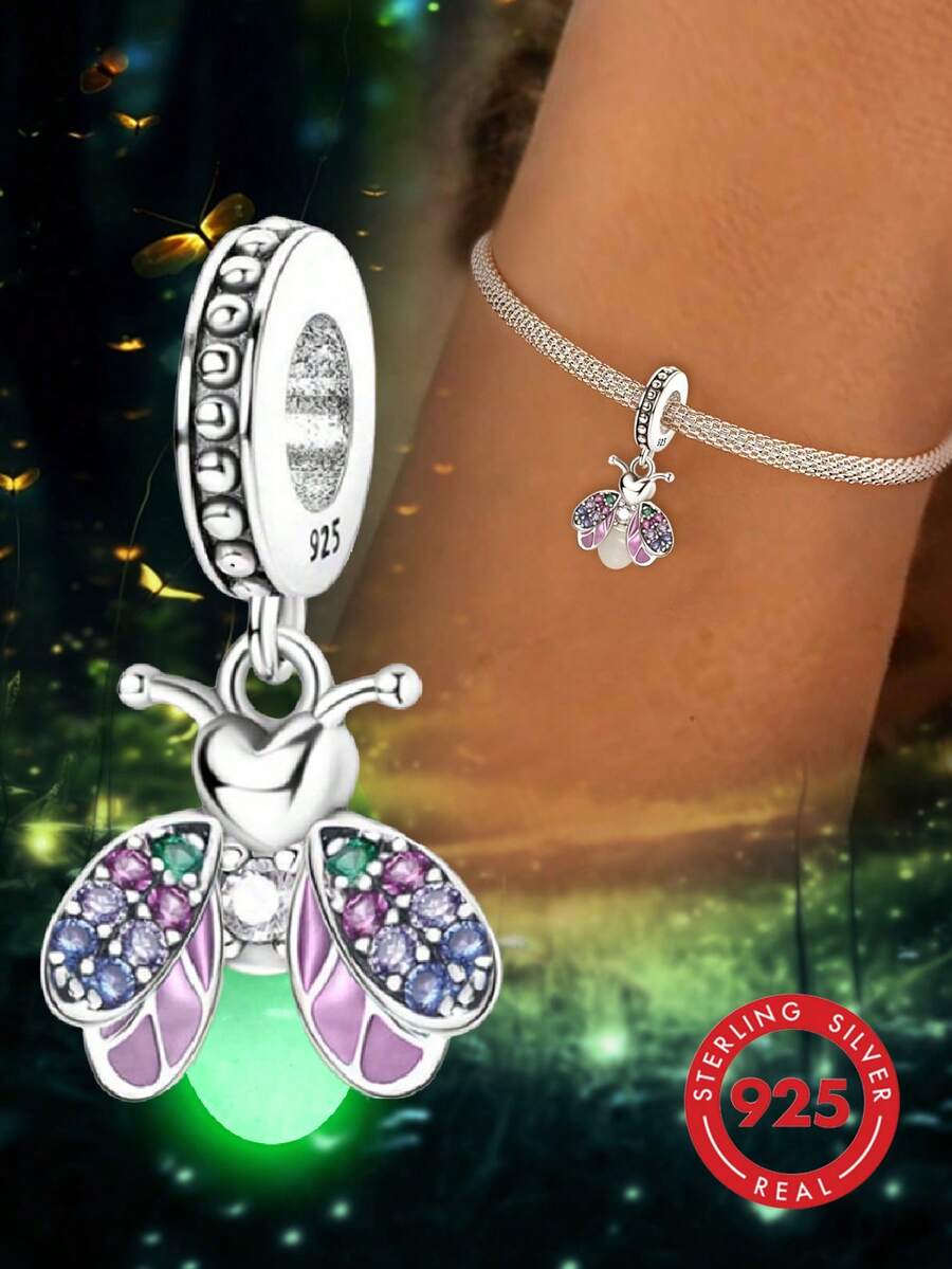 1 pieza Colgante de luciérnaga y abeja colorido y lindo de plata de ley 925, adecuado para pulseras DIY y joyería de mujer