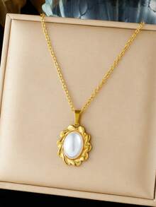 1pc Fashionable Retro Gold-Plated Lace Oval Inlaid Faux Pearl Pendant Stainless Steel Jewelry Collarbone Necklace - Gold - View 6