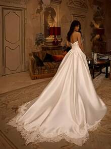 Chic Off-The-Shoulder Backless A-Line Wedding Dress In Sheen Satin – Elegant Floor-Length Bridal Gown With Short Sleeve Accents And Low Back, Perfect For Weddings, Christmas Gatherings, Halloween Parties, Prom Nights, Birthday Celebrations, And Holiday Festivities. Designed For Ceremonial Affairs, Nighttime Events, Vacation Dinners, Formal Engagements, Evening Receptions, Graduation Dances, Homecoming Balls, Cocktail Parties, Bridesmaid Attire, Wedding Guest Occasions, And Special Gatherings. - 白色 - 查看 2