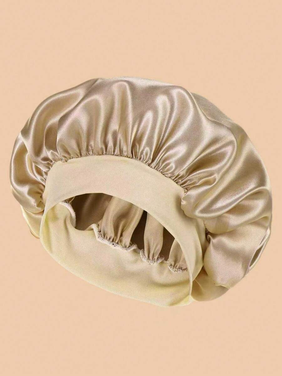 1件装睡眠护发帽：可重复使用的超大号粉色缎面睡帽，配有宽弹力带，丝绸材质，缎面材质，睡眠帽 - 卡其色 - 查看 1