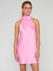 Women's Halter Neck Satin Mini Dress Sleeveless Backless Ruched Slim High Neck Solid Color Bodycon Short Dresses Evening Party Dress Wedding Guest Dresses Formal Dress - 粉色 - 查看 4