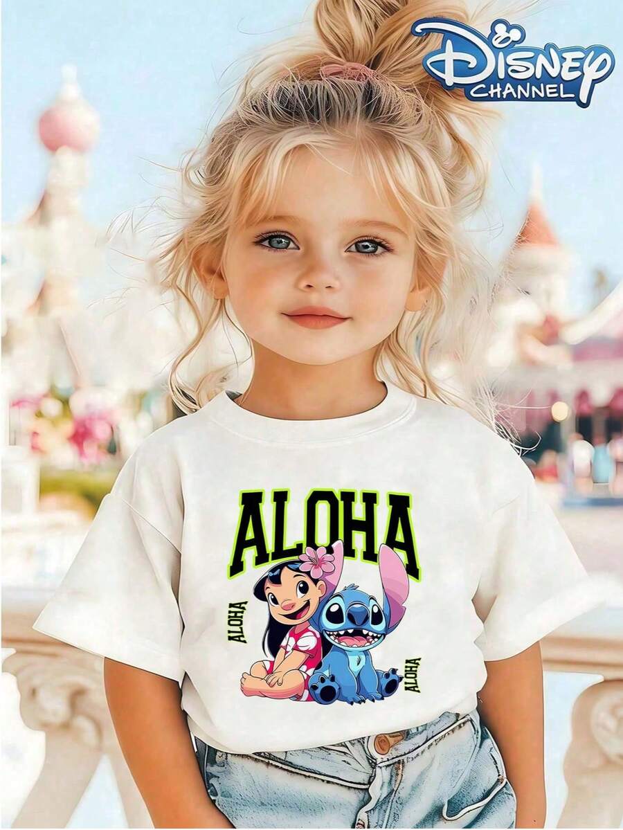 Disney Collaboration Collection: Adorable Girls' Apparel Featuring Lilo And Stitch In A Hawaiian ALOHA-Themed Print.  Top.   T-Shirt. Stretchy And Breathable Design Suitable For Both Boys And Girls. The Perfect Birthday Gift Choice. - trắng - Xem 1