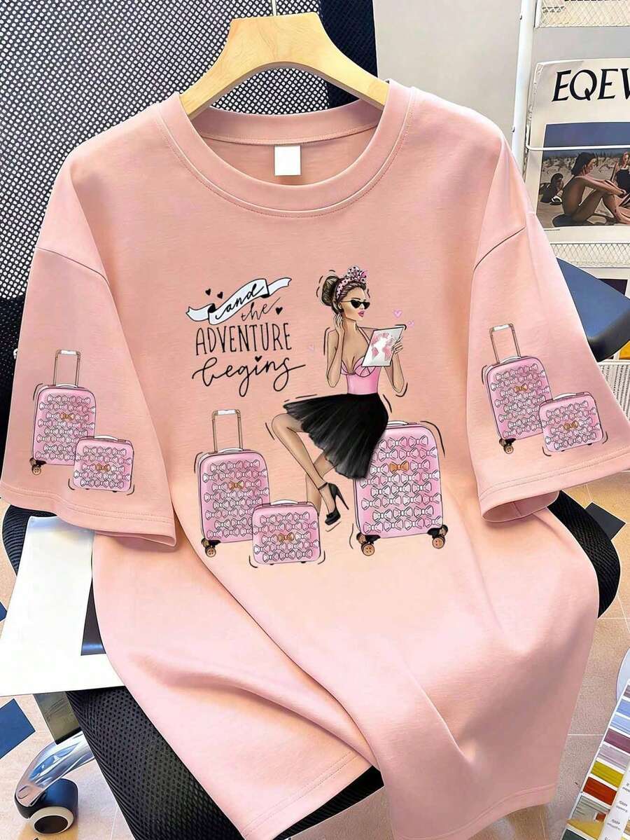 Plus Size Women's Casual Printed Pattern Round Neck Short Sleeve T-Shirt Top Suitable For Spring And Summer Pink - Pink - View 1