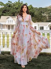Women's New Elegant Romantic Floral Print Long Sleeve Patchwork Design Dress, Slimming, All-Season, Full-Body Watercolor Print, Conservative, Elegant, Formal, Suitable For Evening Party, Beach, Wedding Vacation - Multicolor - View 5
