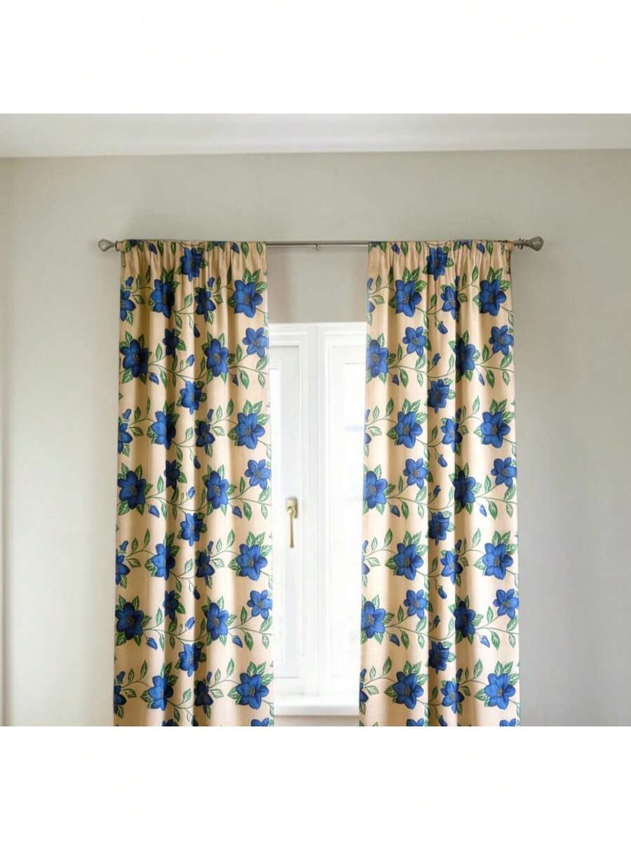 Par de Cortinas Para Ventana Diseño Rosa Silvestre Azul 1 M * 1.35 M - Beige y Azul - Ver 1