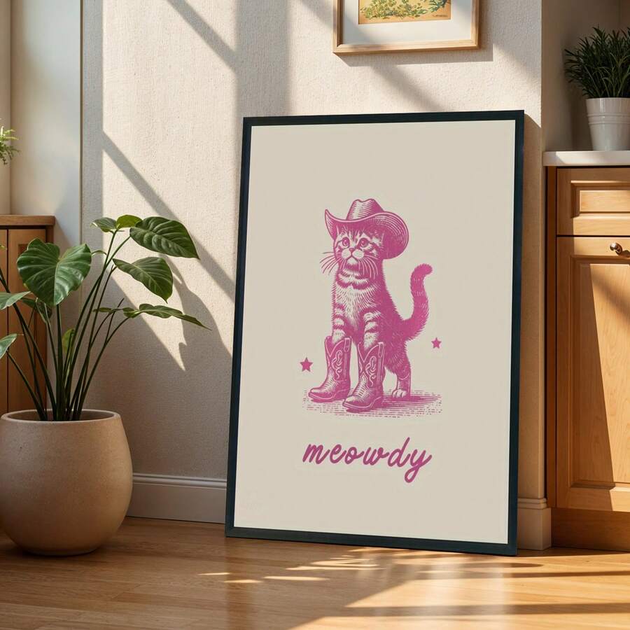 1 pieza Póster de lienzo sin marco vintage retro de vaquero vaquera gato, impresión de pintura al óleo con tema animal único y elegante del oeste salvaje, decoración rústica occidental para dormitorio, hogar, oficina, dormitorio, salón, adorno doméstico elegante y delicado - multicolor - Ver 1