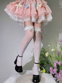1 Pair Women's Spring/Summer Hollow Heart Mesh Stockings With Pearl Bow Over-The-Knee Thigh High Socks - White - View 3
