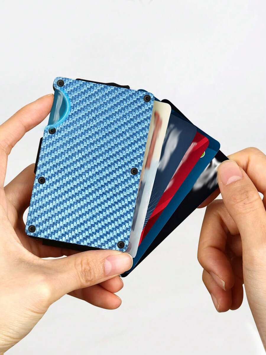 FOREVER MIYIN RFID Blocking Carbon Fiber Pattern Men's Minimalist Wallet - Slim Metal Card Holder With Quick Access Slots And Bill Compartment, Durable Anti-Theft Wallet Suitable For Men's Work, Business, Commute, Travel, Multifunctional Pocket Card Organizer For Daily Use, Men's Mini Wallet Credit Card Holder - Blue - View 1