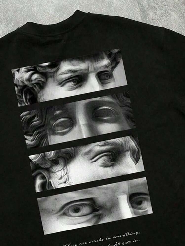 Manfinity Men's Plus Size Casual Loose Fit Black T-Shirt With Black And White Portrait And Letter Print, Unique Artistic T-Shirt Combining A Sculptural Pattern And An English Slogan, Making You A Personalized Plus Size. - 黑色 - 查看 2