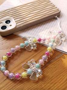 Bow Knot Phone Lanyard Wrist Strap Short Chain Pendant, Crystal Beaded Charm Accessory, Universal - Multicolor - View 9