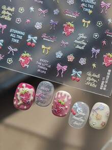 1片5D立体浮雕精致蝴蝶结草莓美甲贴纸甜樱桃迷你花朵彩色花卉贴花简约DIY粘贴式美甲饰品艺术贴纸美甲贴花 - 彩色 - 查看 3