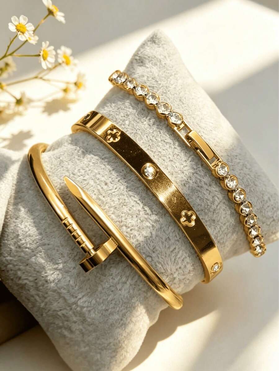 1/3pcs Set Elegant Luxury Stainless Steel Four-Leaf Clover Bracelet, Vintage Clover Chain Bracelet Jewelry Set, Suitable For Women's Daily Wear, Gifting, Party, Mother's Day, Wedding Favors - Gold - View 1