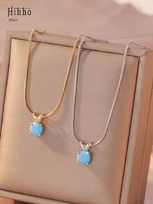 Hihho 1 chiếc dây chuyền mặt đá Zirconia đơn giản màu xanh ngọc lam dành cho nữ, dây xích dạng rắn bằng thép không gỉ màu bạc/vàng, dây chuyền độc đáo và thanh lịch. - màu xanh ngọc lam - Xem 4