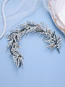 Elegant White Faux Pearl Beaded Headband, Handmade With Leaf Decor, Vintage Bridal Hair Accessory, Suitable For Weddings, Balls, Parties,Festival,Party - Black and White - View 2