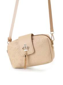 Borsa a tracolla elegante con pendente a corona goffrata e nappe - Cachi - Visualizzare 3